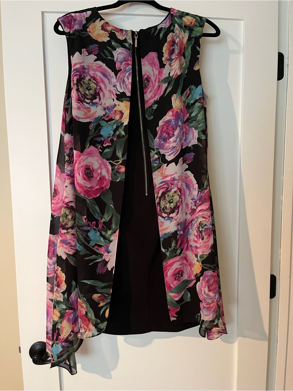 SLNY Black dress with Pink Floral Print drape